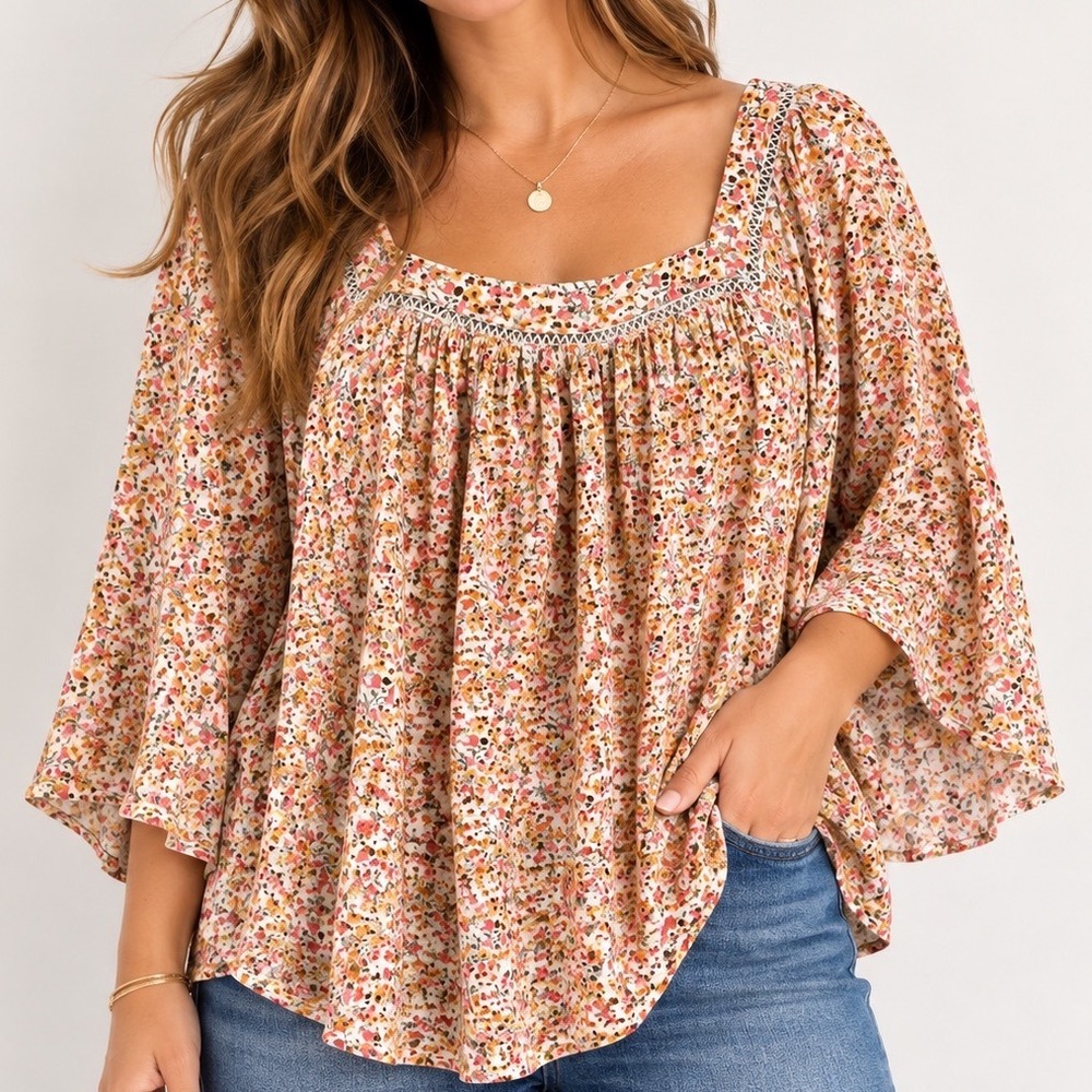 Lane Bryant Floral Boho Blouse 10/12 Rayon Bell Sleeve Cottagecore Peasant Top